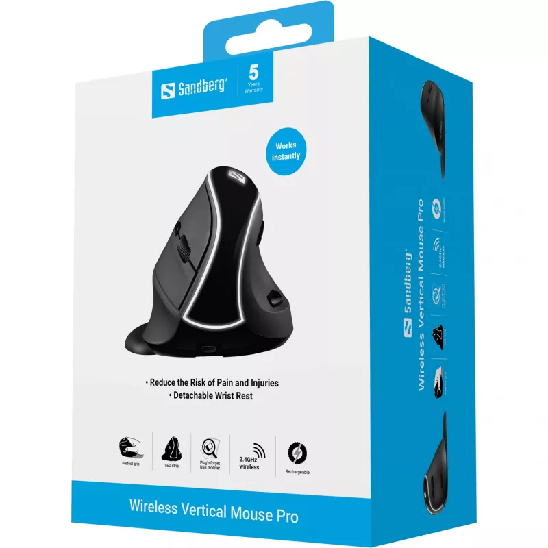 Sandberg Wireless Vertical Maus Pro, Rechtshänder, Vertikales Design, Optisch, RF Wireless, 1600 DPI, Schwarz