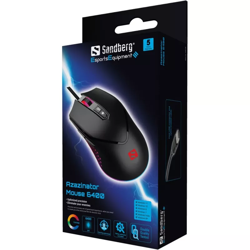 Sandberg Azazinator Maus 6400, Rechtshändig, USB Typ-A, 6400 DPI, Schwarz