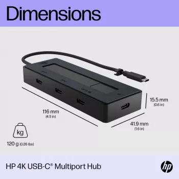 HP 4K USB-C Multiport Hub, USB Type-C, USB 3.2 Gen 2 (3.1 Gen 2) Type-C, 10000 Mbit/s, Schwarz, 4K Ultra HD, China