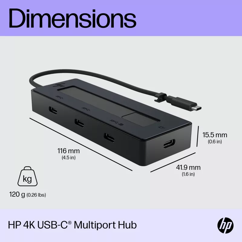 HP 4K USB-C Multiport Hub, USB Type-C, USB 3.2 Gen 2 (3.1 Gen 2) Type-C, 10000 Mbit/s, Schwarz, 4K Ultra HD, China