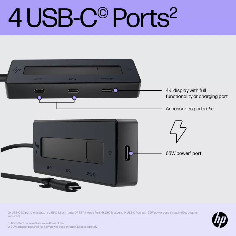 HP 4K USB-C Multiport Hub, USB Type-C, USB 3.2 Gen 2 (3.1 Gen 2) Type-C, 10000 Mbit/s, Schwarz, 4K Ultra HD, China