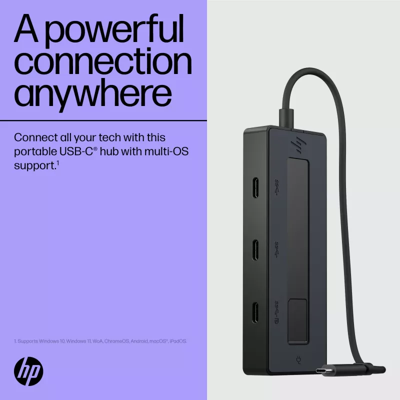 HP 4K USB-C Multiport Hub, USB Type-C, USB 3.2 Gen 2 (3.1 Gen 2) Type-C, 10000 Mbit/s, Schwarz, 4K Ultra HD, China