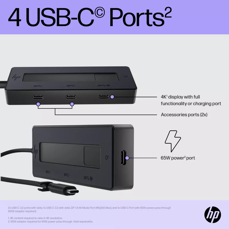 HP 4K USB-C Multiport Hub, USB Type-C, USB 3.2 Gen 2 (3.1 Gen 2) Type-C, 10000 Mbit/s, Schwarz, 4K Ultra HD, China