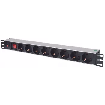 Intellinet 19 Zoll 1U Rackmount 8-Ausgangs-Power-Distribution-Unit (PDU) mit EU-CEE-7/3-Steckdosen, Ein-/Ausschalter und Überlastschutz, integriertes 3m-Netzkabel mit EU-CEE-7/4-Stecker