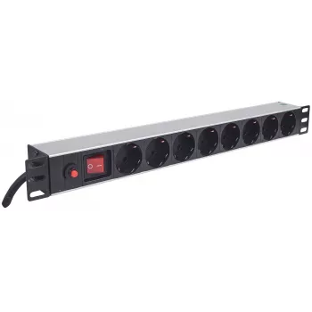 Intellinet 19 Zoll 1U Rackmount 8-Ausgangs-Power-Distribution-Unit (PDU) mit EU-CEE-7/3-Steckdosen, Ein-/Ausschalter und Überlastschutz, integriertes 3m-Netzkabel mit EU-CEE-7/4-Stecker