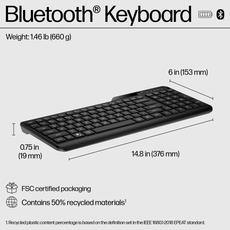 HP 460 Multi-Device Bluetooth-Tastatur, Full-Size (100%), kabellos, Bluetooth, mechanisch, Schwarz