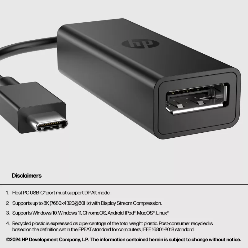HP USB-C auf DisplayPort Adapter G2, 0,12 m, DisplayPort, USB Typ-C, Buchse, Stecker, 7680 x 4320 Pixel