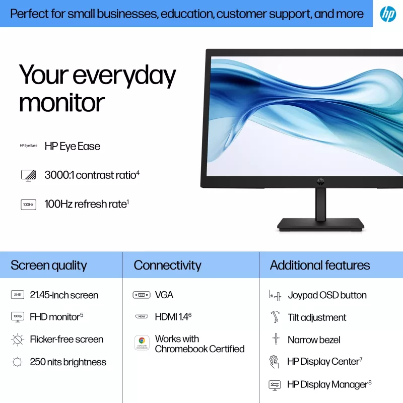 HP Series 3 Pro 21,45 Zoll FHD Monitor - 322pv, 54,5 cm (21,4 Zoll), 1920 x 1080 Pixel, Full HD, LCD, 5 ms, Schwarz