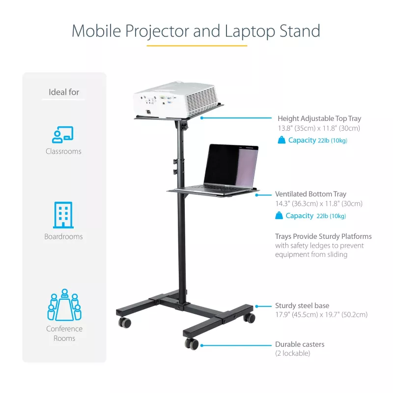 StarTech.com Mobiler Projektor- und Laptop-Ständer/Wagen – robuster tragbarer Projektorständer (2 Ablagen, je 10 kg belastbar) – höhenverstellbarer Rollwagen für Präsentationen mit abschließbaren Rollen