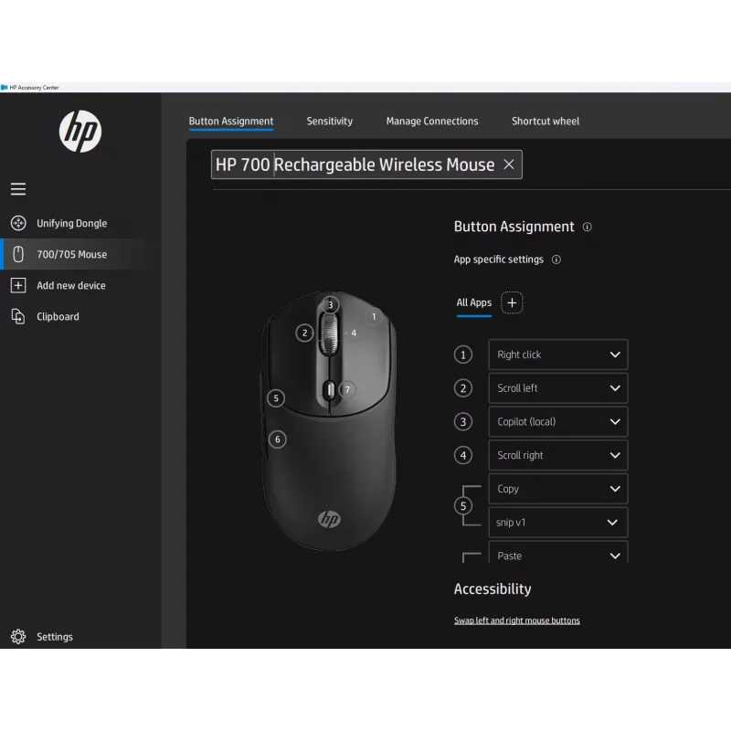 HP 700 Wiederaufladbare kabellose Maus, beidhändig, RF Wireless + Bluetooth, 6000 DPI, Schwarz