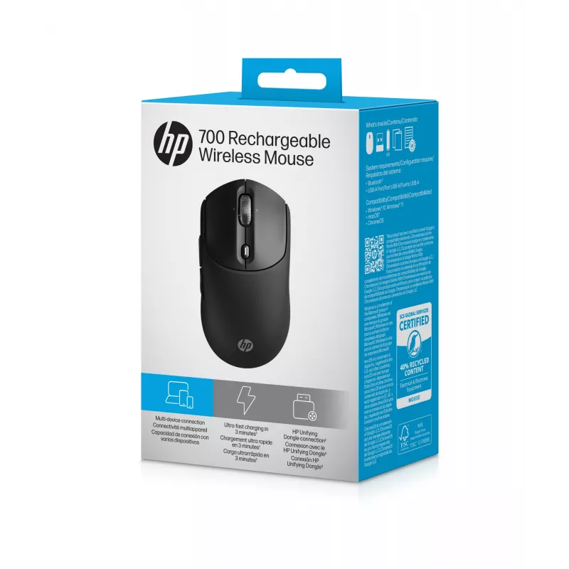 HP 700 Wiederaufladbare kabellose Maus, beidhändig, RF Wireless + Bluetooth, 6000 DPI, Schwarz