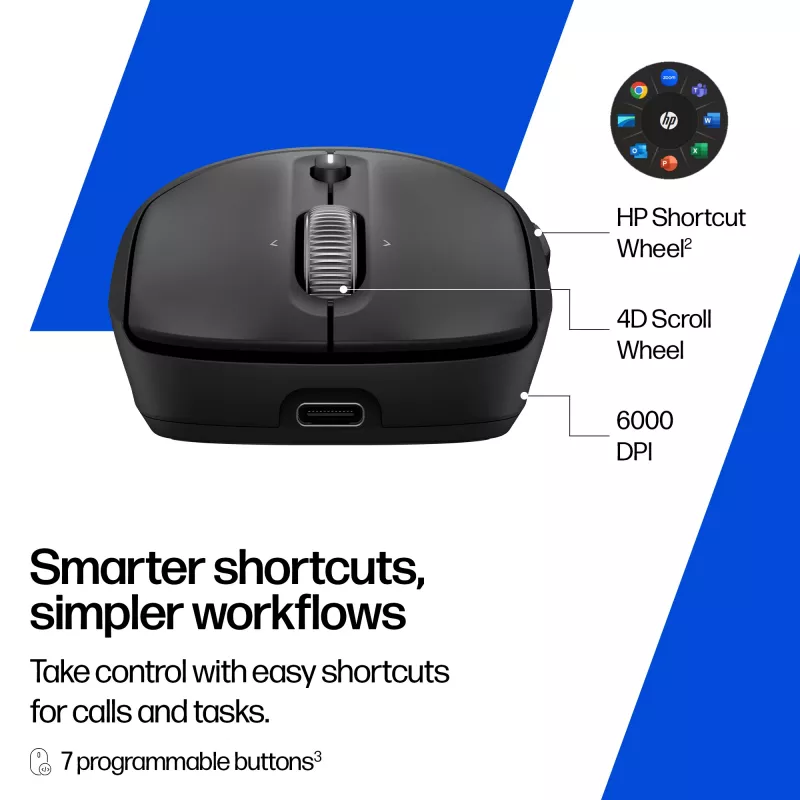 HP 700 Wiederaufladbare kabellose Maus, beidhändig, RF Wireless + Bluetooth, 6000 DPI, Schwarz