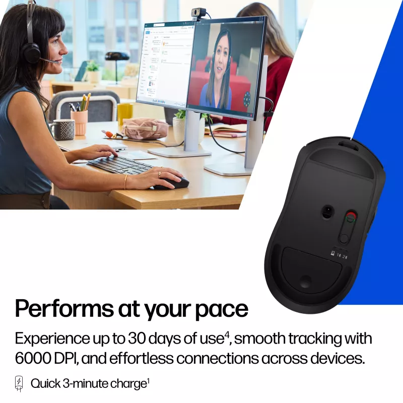 HP 700 Wiederaufladbare kabellose Maus, beidhändig, RF Wireless + Bluetooth, 6000 DPI, Schwarz