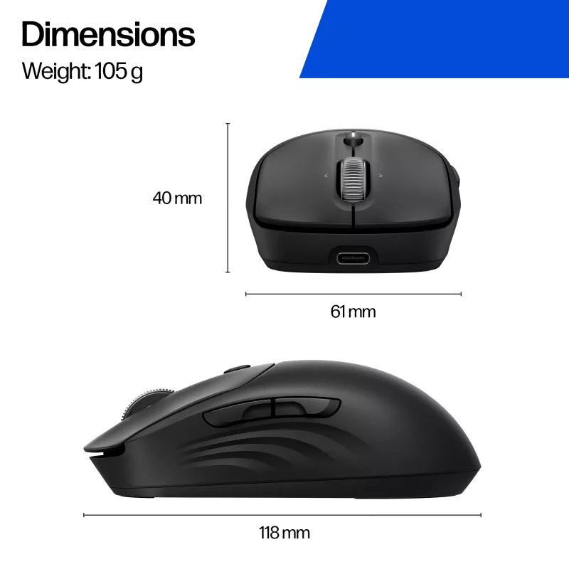 HP 700 Wiederaufladbare kabellose Maus, beidhändig, RF Wireless + Bluetooth, 6000 DPI, Schwarz