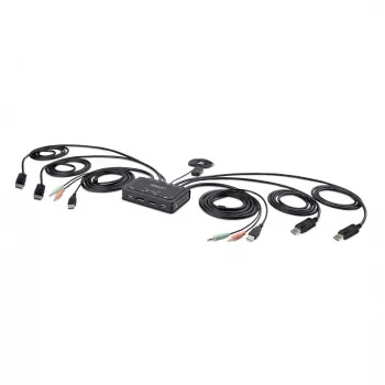 StarTech.com 2-Port Dual-Monitor DisplayPort-Kabel-KVM-Switch, 4K 60Hz, Kompakter KVM-Switch mit integrierten 1,5-m-USB-A-/DisplayPort-/Audio-Kabeln, Bus-betrieben – Umschaltung per Fernbedienungstaste/Hotkeys