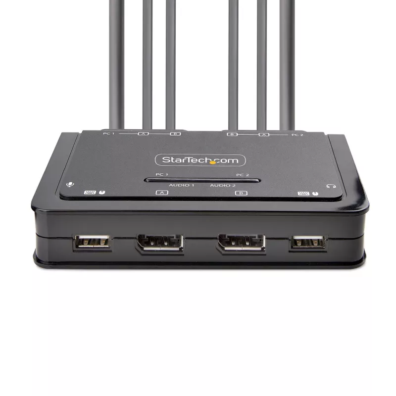 StarTech.com 2-Port Dual-Monitor DisplayPort-Kabel-KVM-Switch, 4K 60Hz, Kompakter KVM-Switch mit integrierten 1,5-m-USB-A-/DisplayPort-/Audio-Kabeln, Bus-betrieben – Umschaltung per Fernbedienungstaste/Hotkeys