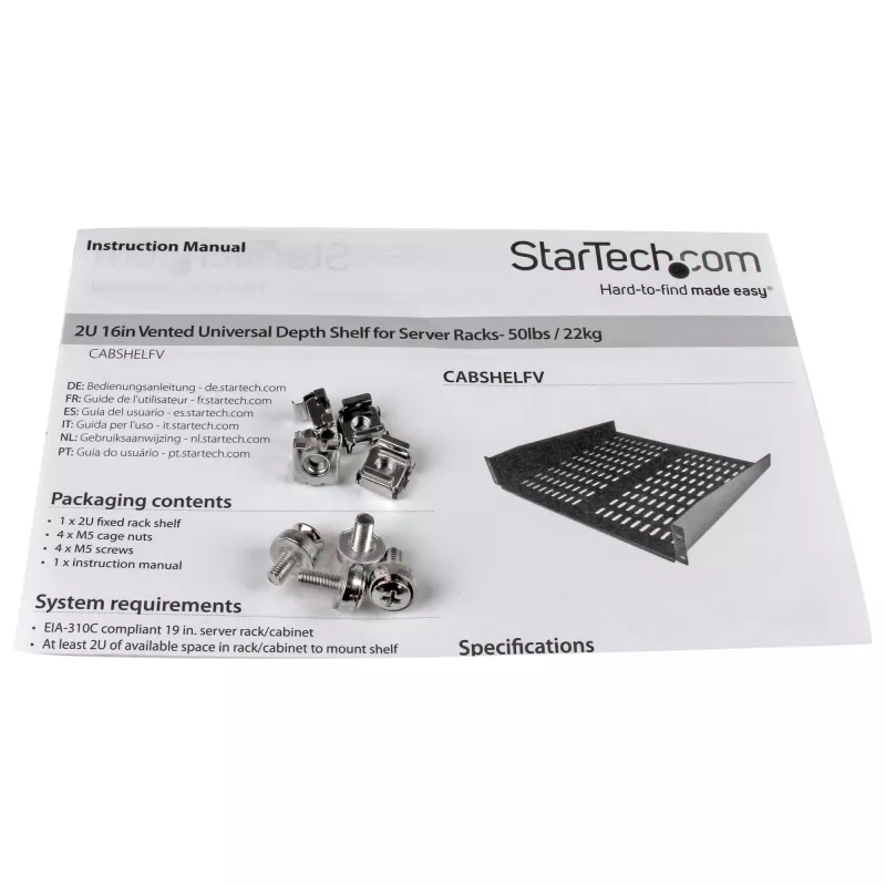 StarTech.com 2U Server-Rack-Einlegeboden – Universelles belüftetes Rack-Mount-Cantilever-Tablett für 19-Zoll-Netzwerkgeräte-Rack und -Schrank – Hochbelastbarer Stahl – Tragfähigkeit 23 kg – 16 Zoll tiefer Einlegeboden, Schwarz