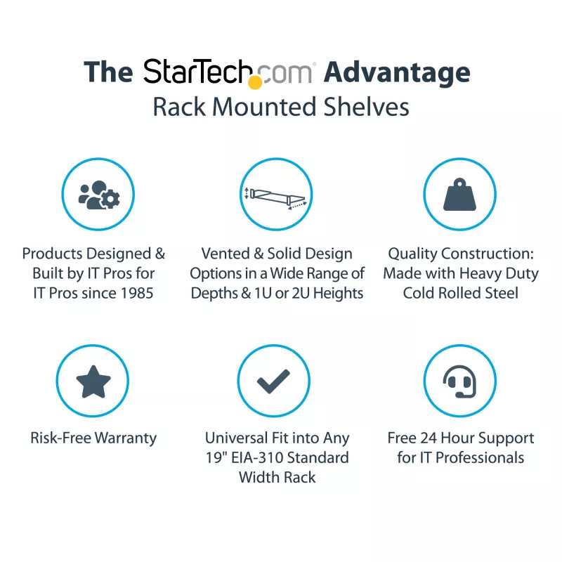 StarTech.com 2U Server-Rack-Einlegeboden – Universelles belüftetes Rack-Mount-Cantilever-Tablett für 19-Zoll-Netzwerkgeräte-Rack und -Schrank – Hochbelastbarer Stahl – Tragfähigkeit 23 kg – 16 Zoll tiefer Einlegeboden, Schwarz