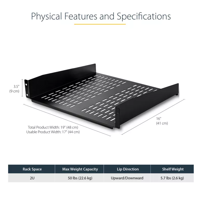 StarTech.com 2U Server-Rack-Einlegeboden – Universelles belüftetes Rack-Mount-Cantilever-Tablett für 19-Zoll-Netzwerkgeräte-Rack und -Schrank – Hochbelastbarer Stahl – Tragfähigkeit 23 kg – 16 Zoll tiefer Einlegeboden, Schwarz