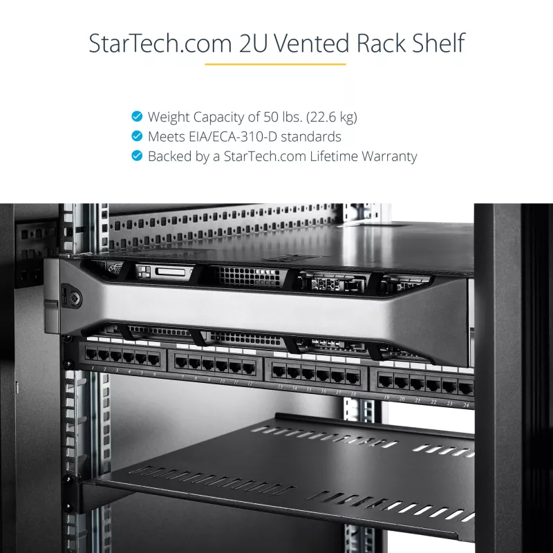 StarTech.com 2U Server-Rack-Einlegeboden – Universelles belüftetes Rack-Mount-Cantilever-Tablett für 19-Zoll-Netzwerkgeräte-Rack und -Schrank – Hochbelastbarer Stahl – Tragfähigkeit 23 kg – 16 Zoll tiefer Einlegeboden, Schwarz