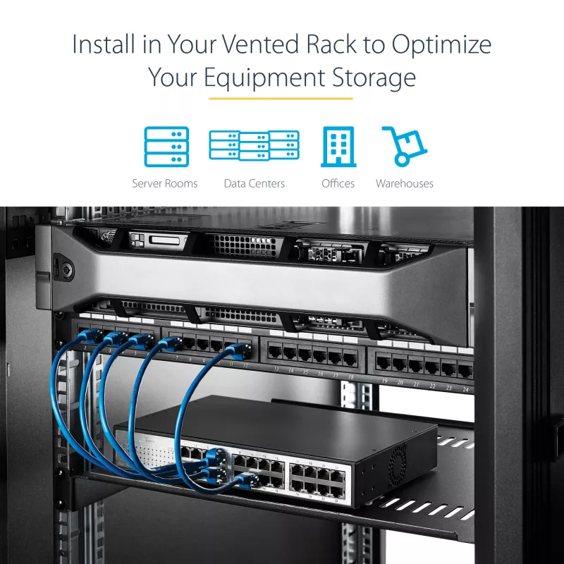 StarTech.com 2U Server-Rack-Einlegeboden – Universelles belüftetes Rack-Mount-Cantilever-Tablett für 19-Zoll-Netzwerkgeräte-Rack und -Schrank – Hochbelastbarer Stahl – Tragfähigkeit 23 kg – 16 Zoll tiefer Einlegeboden, Schwarz