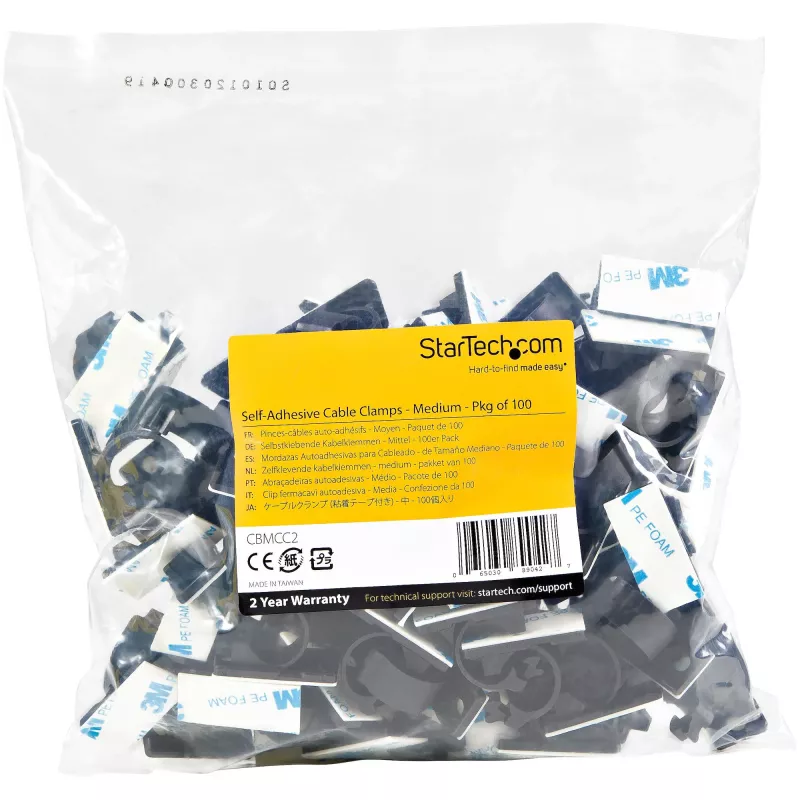 StarTech.com 100 selbstklebende Kabelmanagement-Clips schwarz – Netzwerk-/Ethernet-/Bürotisch-/Computer-Kabelorganisator – Haftkabel-/Draht-Halter – Nylon-Selbstklemmhalterung UL/94V-2 feuerfest