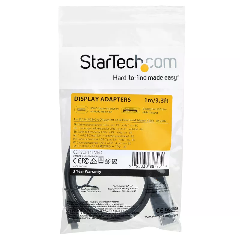 StarTech.com 1 m USB-C auf DisplayPort 1.4 Kabel 8K 60 Hz/4K – bidirektionales DP zu USB-C oder USB-C zu DP umkehrbares Videoadapterkabel – HBR3/HDR/DSC – USB Type-C/Thunderbolt Monitorkabel