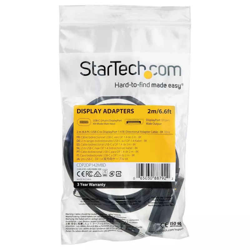 StarTech.com 2m USB-C auf DisplayPort 1.4 Kabel 8K 60Hz/4K - Bidirektionales DP auf USB-C oder USB-C auf DP reversibles Videoadapterkabel - HBR3/HDR/DSC - USB Typ-C/Thunderbolt 3 Monitor Kabel (CDP2DP142MBD)