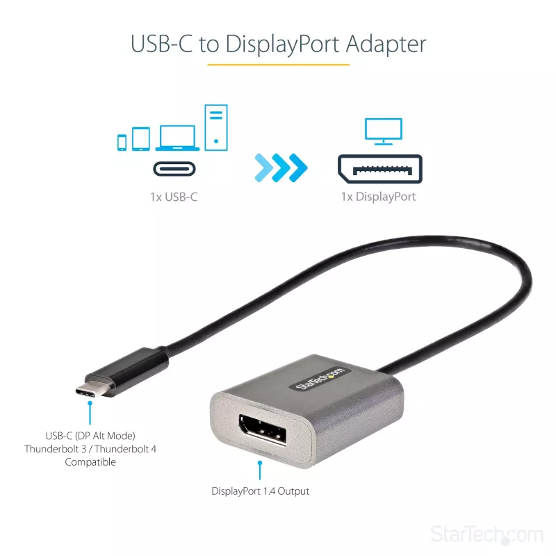StarTech.com USB-C-auf-DisplayPort-Adapter – 8K/4K 60Hz USB-C-auf-DisplayPort-1.4-Adapter-Dongle – USB-Typ-C-auf-DP-Monitor-Videokonverter – kompatibel mit Thunderbolt 3 – mit 30 cm langem, angebrachtem Kabel