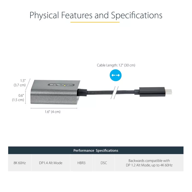 StarTech.com USB-C-auf-DisplayPort-Adapter – 8K/4K 60Hz USB-C-auf-DisplayPort-1.4-Adapter-Dongle – USB-Typ-C-auf-DP-Monitor-Videokonverter – kompatibel mit Thunderbolt 3 – mit 30 cm langem, angebrachtem Kabel