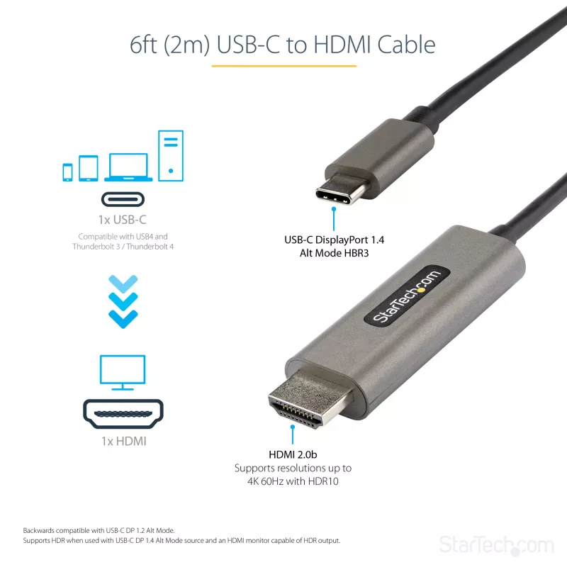 StarTech.com 1,8 m (2 m) USB-C auf HDMI Kabel 4K 60 Hz mit HDR10 – Ultra HD USB Typ-C auf 4K HDMI 2.0b Videoadapterkabel – USB-C auf HDMI HDR Monitor/Display Konverter – DP 1.4 Alt Mode HBR3