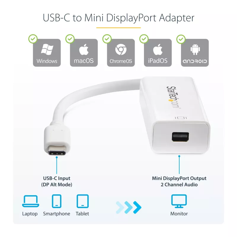 StarTech.com USB-C auf Mini DisplayPort Adapter – 4K 60 Hz – Weiß – USB 3.1 Type-C auf Mini DP Adapter – Aktualisierte Version ist CDP2MDPEC