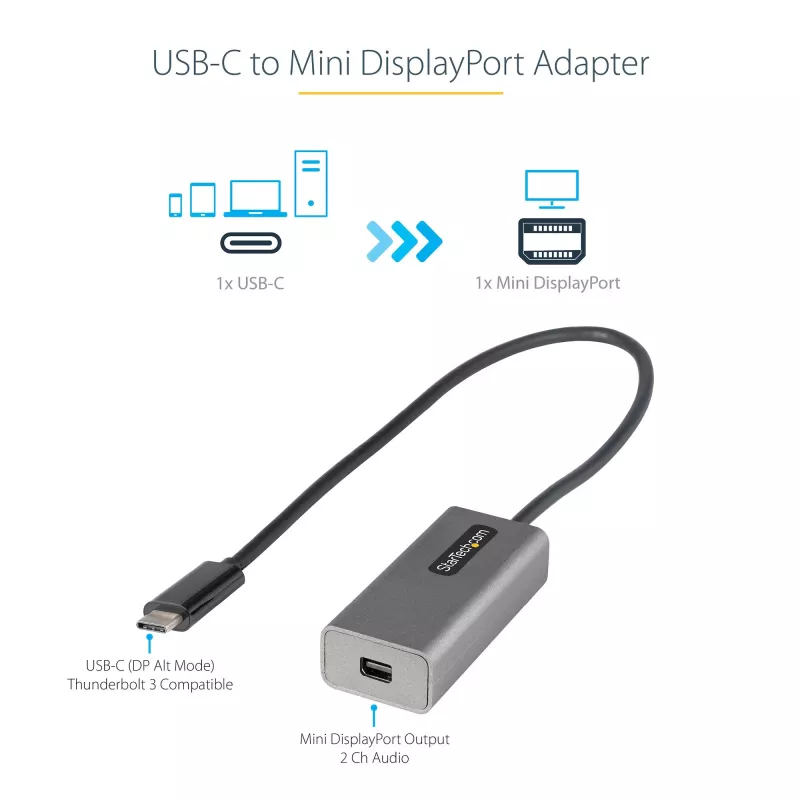 StarTech.com USB-C auf Mini DisplayPort Adapter – 4K 60Hz USB-C auf mDP Adapter Dongle – USB Type-C auf Mini DP Monitor – Videokonverter – Kompatibel mit Thunderbolt 3 – 30 cm langes, angebrachtes Kabel – Aktualisierte Version des CDP2MDP