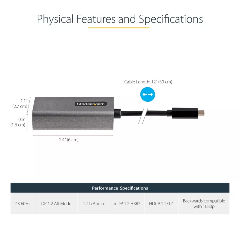 StarTech.com USB-C auf Mini DisplayPort Adapter – 4K 60Hz USB-C auf mDP Adapter Dongle – USB Type-C auf Mini DP Monitor – Videokonverter – Kompatibel mit Thunderbolt 3 – 30 cm langes, angebrachtes Kabel – Aktualisierte Version des CDP2MDP