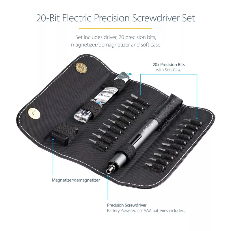 StarTech.com 20-Bit Elektrischer Präzisions-Schraubendreher-Set - Tragbarer/Mini-akku-betriebener Bit-Treiber-Kit für Reparaturen an Elektronik, Laptops, Computern, Tablets & Telefonen - Magnetisch - Kabellos
