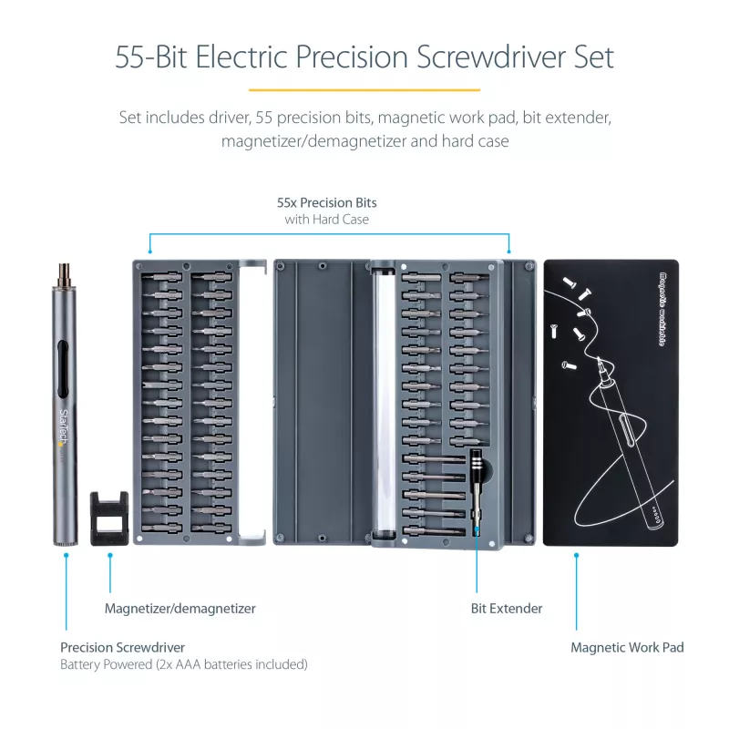 StarTech.com 55-Bit elektrischer Präzisionsschraubendreher-Satz – Tragbares kabelloses batteriebetriebenes Bit-Schraubendreher-Set für Elektronik-, Laptop-, Computer-, Tablet- und Telefonreparaturen – Magnetische Arbeitsunterlage