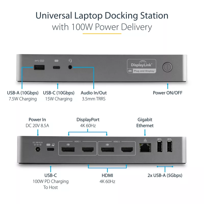 StarTech.com Universelle Laptop-Dockingstation, Hybrid-USB-C- & USB-A-Dock, Dual 4K DP & HDMI, 100W PD, Mac / Windows / Chrome OS, 4x USB 5Gbps Hub, GbE