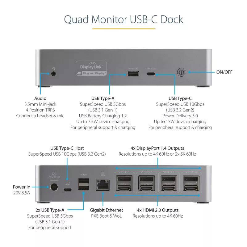 StarTech.com USB-C-Dock – 4K 60Hz Quad-Monitor DisplayPort & HDMI – Universelle USB-C-Dockingstation mit 100W Power Delivery – USB-Hub mit 1x USB Type-C & 3x USB-A, Ethernet, Audio