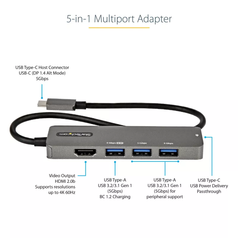 StarTech.com USB-C-Multiport-Adapter - USB-C auf HDMI 2.0b 4K 60Hz (HDR10), 100W Power Delivery Pass-Through, 4-Port USB 3.0 Hub - USB Typ-C Mini-Dock - 30 cm langes, fest verbautes Kabel