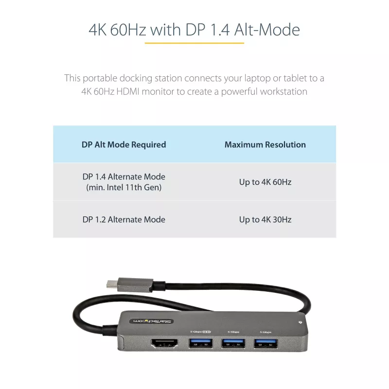 StarTech.com USB-C-Multiport-Adapter - USB-C auf HDMI 2.0b 4K 60Hz (HDR10), 100W Power Delivery Pass-Through, 4-Port USB 3.0 Hub - USB Typ-C Mini-Dock - 30 cm langes, fest verbautes Kabel