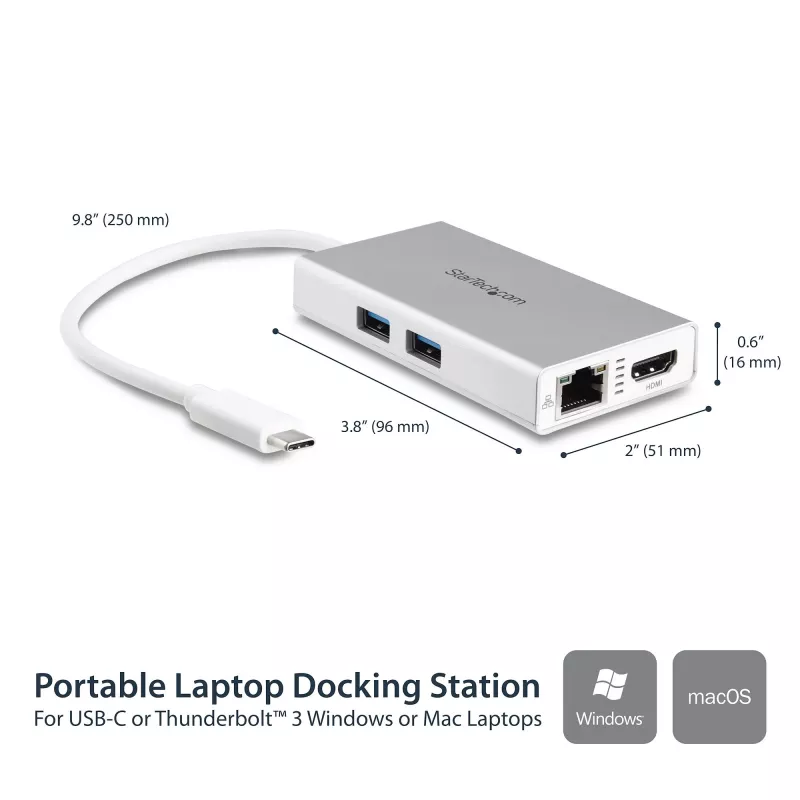 StarTech.com USB-C Multiport-Adapter – USB-C Travel-Dockingstation mit 4K HDMI – 60 W Power Delivery Pass-Through, GbE, 2-Port USB-A 3.0-Hub – Tragbares Mini-USB-Typ-C-Dock für Laptop – Weiß