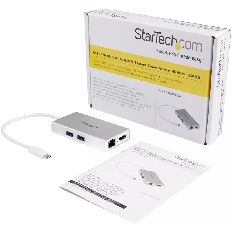 StarTech.com USB-C Multiport-Adapter – USB-C Travel-Dockingstation mit 4K HDMI – 60 W Power Delivery Pass-Through, GbE, 2-Port USB-A 3.0-Hub – Tragbares Mini-USB-Typ-C-Dock für Laptop – Weiß