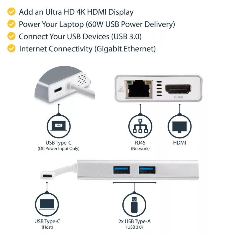 StarTech.com USB-C Multiport-Adapter – USB-C Travel-Dockingstation mit 4K HDMI – 60 W Power Delivery Pass-Through, GbE, 2-Port USB-A 3.0-Hub – Tragbares Mini-USB-Typ-C-Dock für Laptop – Weiß