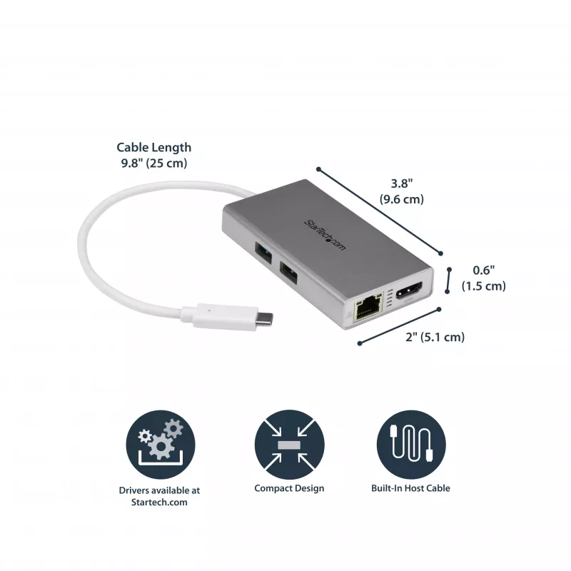 StarTech.com USB-C Multiport-Adapter – USB-C Travel-Dockingstation mit 4K HDMI – 60 W Power Delivery Pass-Through, GbE, 2-Port USB-A 3.0-Hub – Tragbares Mini-USB-Typ-C-Dock für Laptop – Weiß
