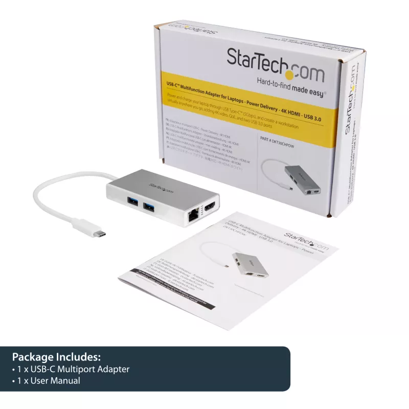 StarTech.com USB-C Multiport-Adapter – USB-C Travel-Dockingstation mit 4K HDMI – 60 W Power Delivery Pass-Through, GbE, 2-Port USB-A 3.0-Hub – Tragbares Mini-USB-Typ-C-Dock für Laptop – Weiß