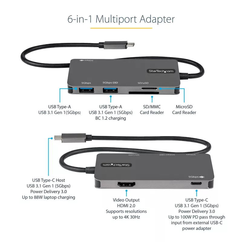 StarTech.com USB-C Multiport-Adapter – USB-C auf 4K HDMI, 100 W Power Delivery Durchschleifung, SD/MicroSD-Steckplatz, 3-fach USB 3.0 Hub – USB Typ-C Mini-Dock – 30 cm langes angeschlossenes Kabel