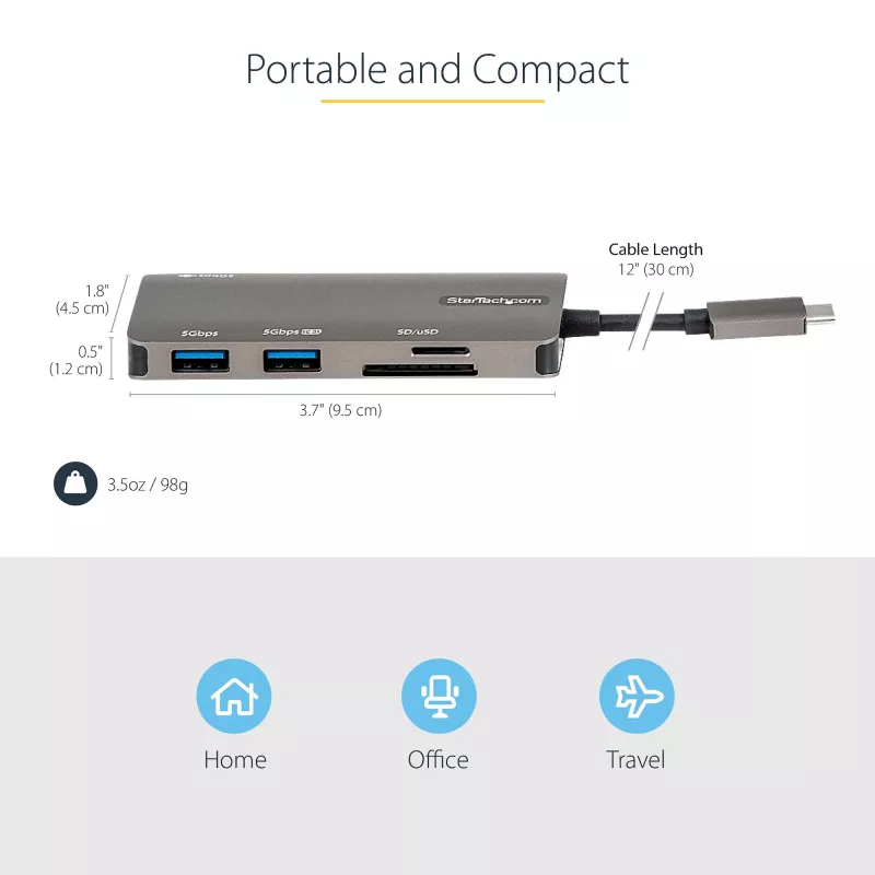 StarTech.com USB-C Multiport-Adapter – USB-C auf 4K HDMI, 100 W Power Delivery Durchschleifung, SD/MicroSD-Steckplatz, 3-fach USB 3.0 Hub – USB Typ-C Mini-Dock – 30 cm langes angeschlossenes Kabel