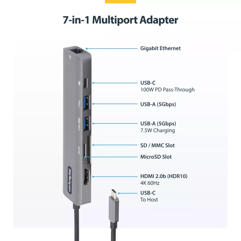 StarTech.com USB-C Multiport-Adapter-Hub, USB-C auf 4K 60Hz HDMI, Gigabit-Ethernet und 100W Laptop-Ladefunktion für Macbook Pro / Air und Windows