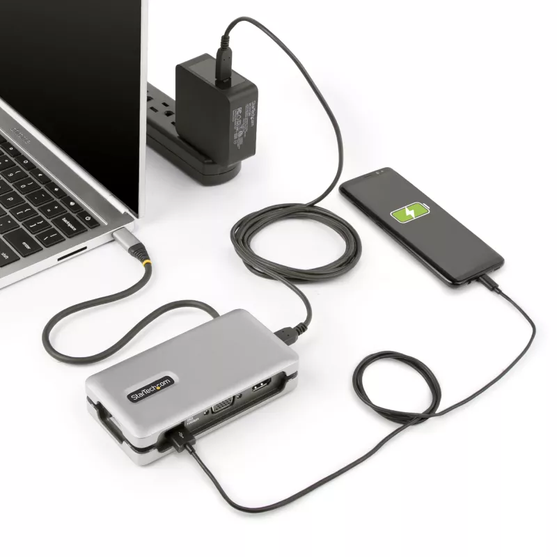StarTech.com USB-C Multiport-Adapter – HDMI/VGA – 4K 60 Hz – 3-Port-USB-Hub – 100 W Power Delivery-Durchschleifung – GbE – Mini-Dockingstation für unterwegs mit Ladefunktion – Wickelbares Kabel, 30 cm