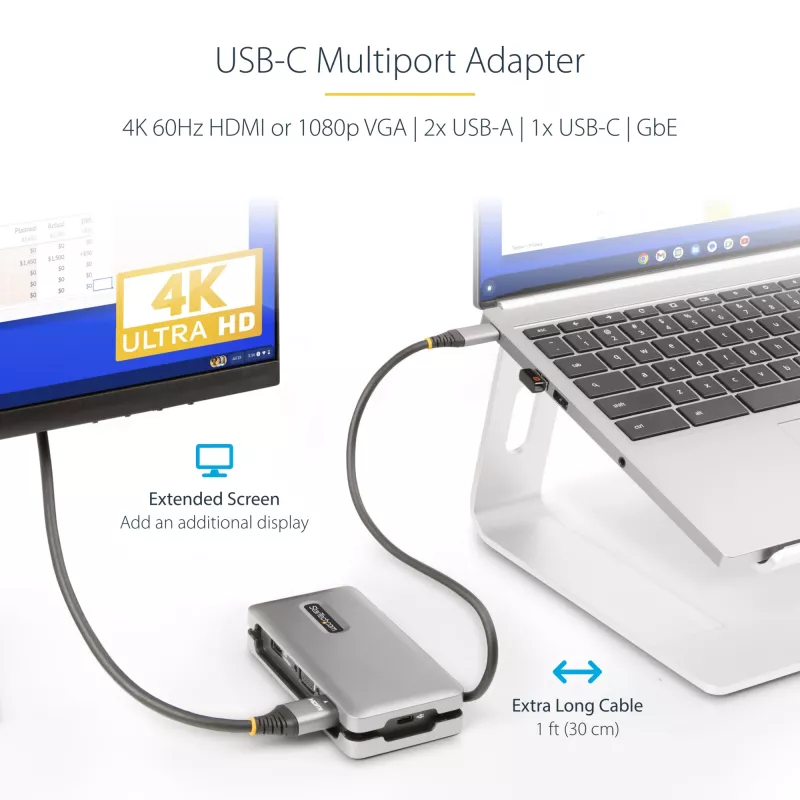 StarTech.com USB-C Multiport-Adapter – HDMI/VGA – 4K 60 Hz – 3-Port-USB-Hub – 100 W Power Delivery-Durchschleifung – GbE – Mini-Dockingstation für unterwegs mit Ladefunktion – Wickelbares Kabel, 30 cm